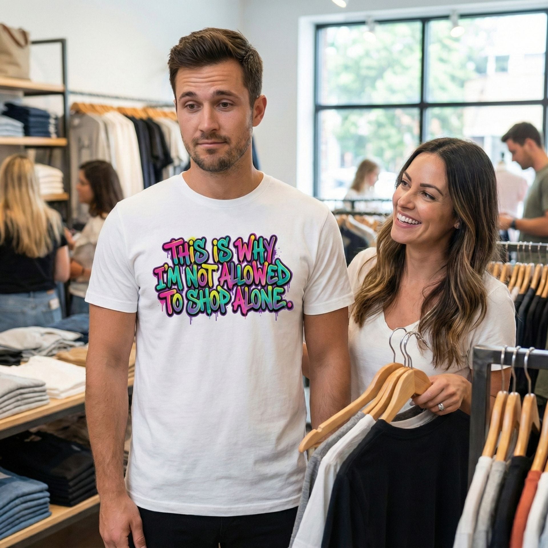 Funny Shopping T-Shirt – “This Is Why I’m Not Allowed to Shop Alone” | Humor Gift Tee