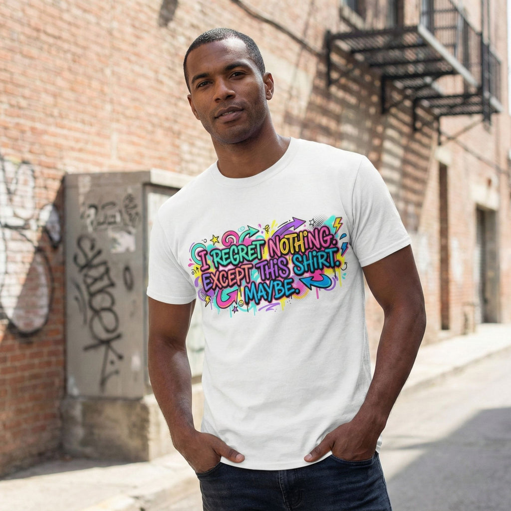 Funny Quote T-Shirt – “I Regret Nothing. Except This Shirt. Maybe.” | Graffiti Humor Tee