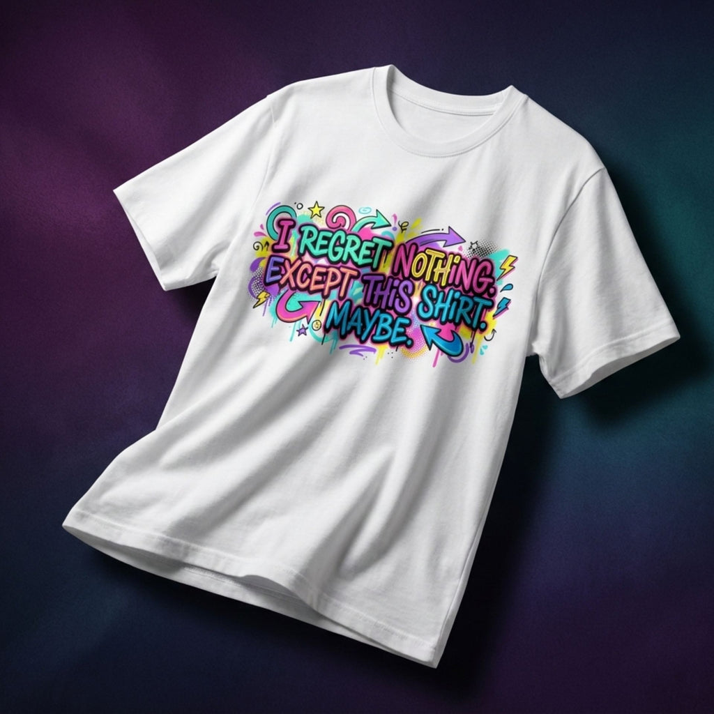 Funny Quote T-Shirt – “I Regret Nothing. Except This Shirt. Maybe.” | Graffiti Humor Tee