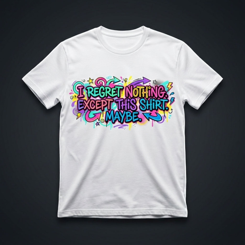 Funny Quote T-Shirt – “I Regret Nothing. Except This Shirt. Maybe.” | Graffiti Humor Tee