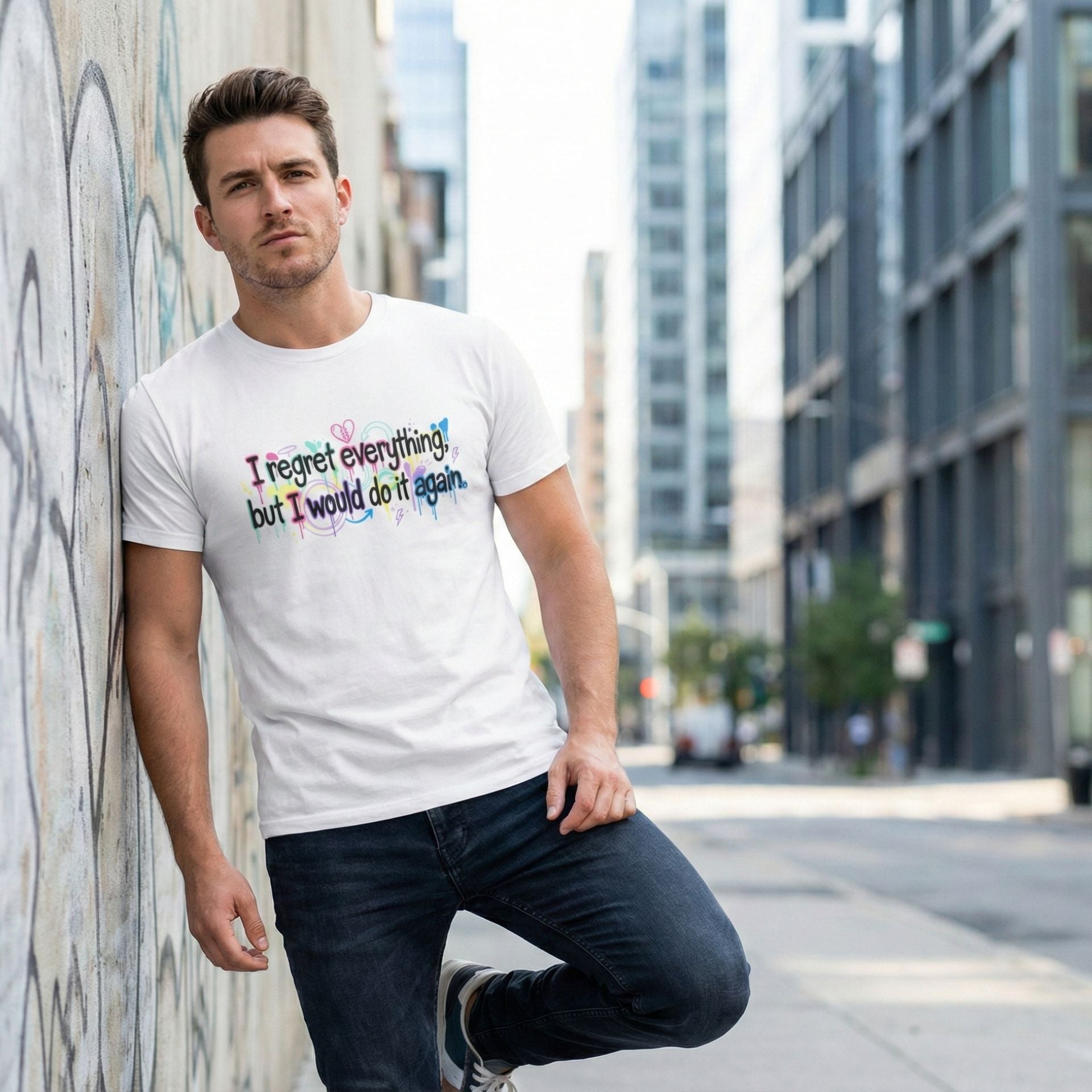 Funny Quote T-Shirt – “I Regret Everything, But I Would Do It Again” | Graffiti Humor Tee